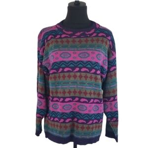 Vintage 80s Womens Multicolor Geomteric Sweater Maximalist Fairy Kei Kawaii Fun